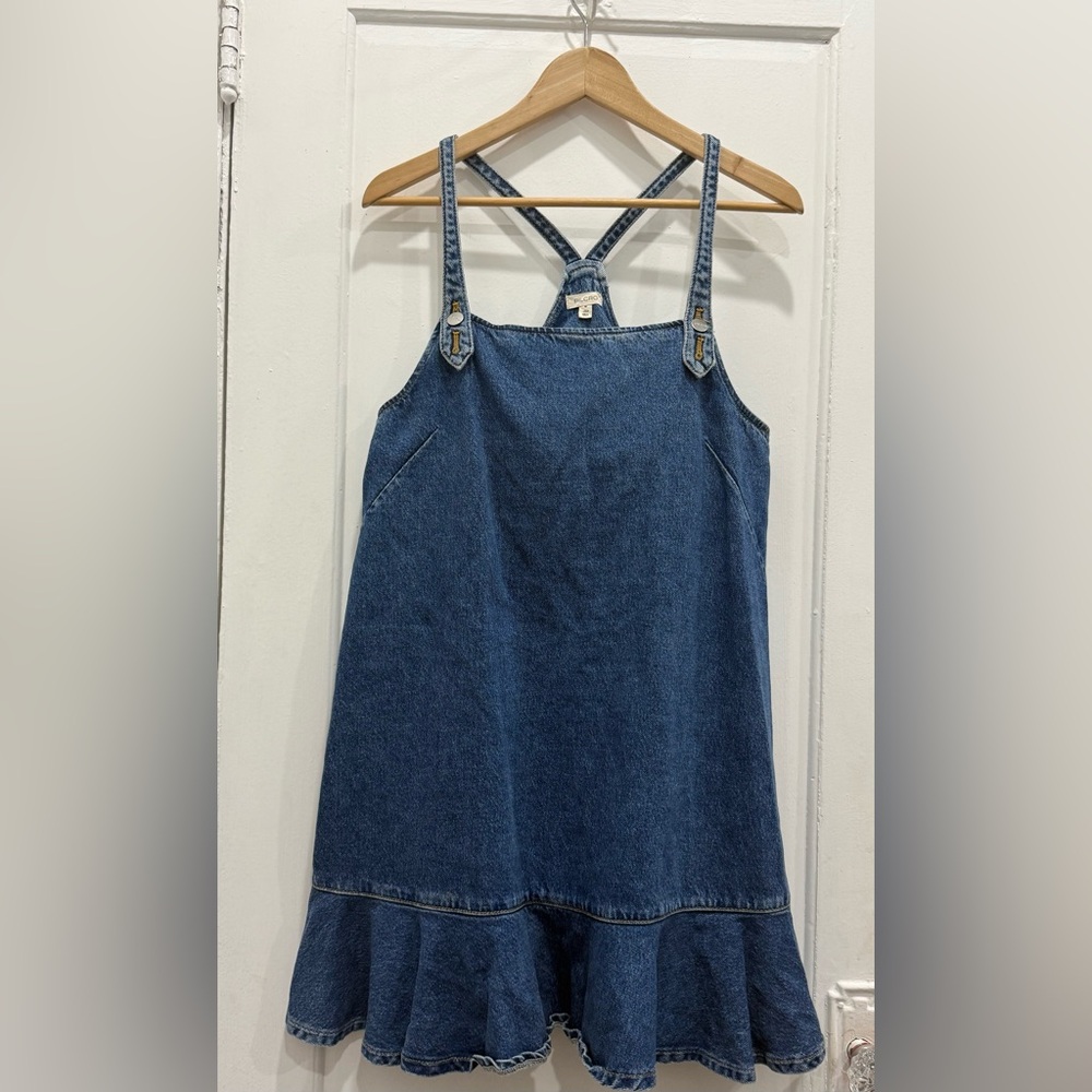 Denim Ruffle-Hem Pinafore Dress - Blue